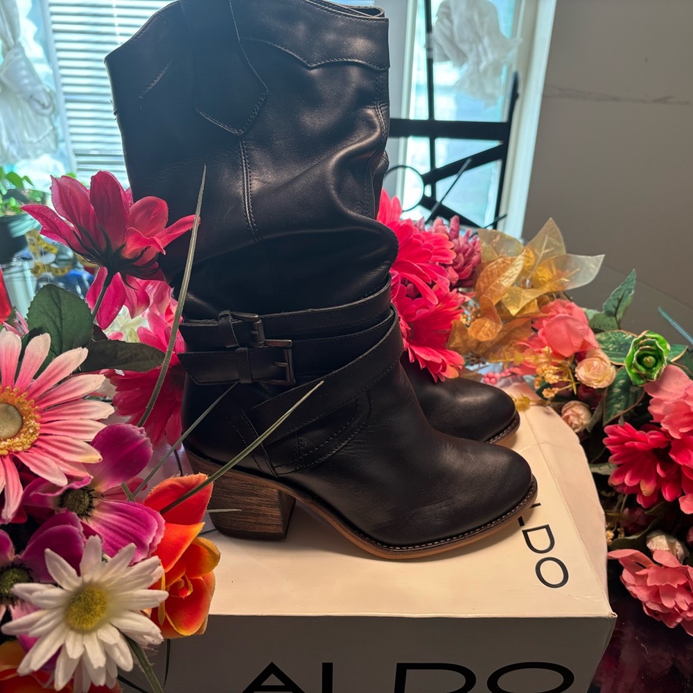 Aldo Black Leather Buckle Boots